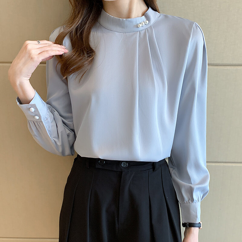 Blusa de chifón de manga larga para mujer, camisa elegante con cuentas de satén, botones sólidos, cuello levantado, a la moda