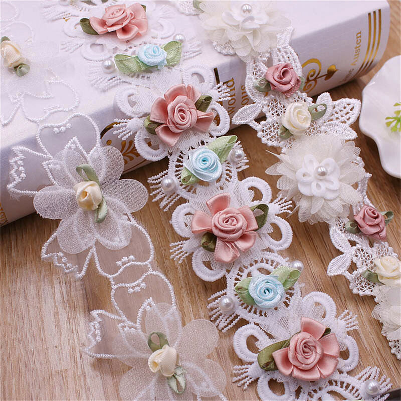 1Yd-adorno de encaje bordado, cinta de flores, vestido de novia, ropa, costura, flecos, bricolaje