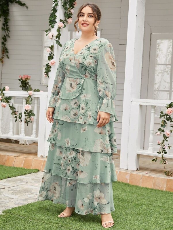TOLEEN Women Large Plus Size Maxi Dresses 2022 Spring Green Casual Chic Elegant Long Sleeve Floral Party Evening Female Clothing