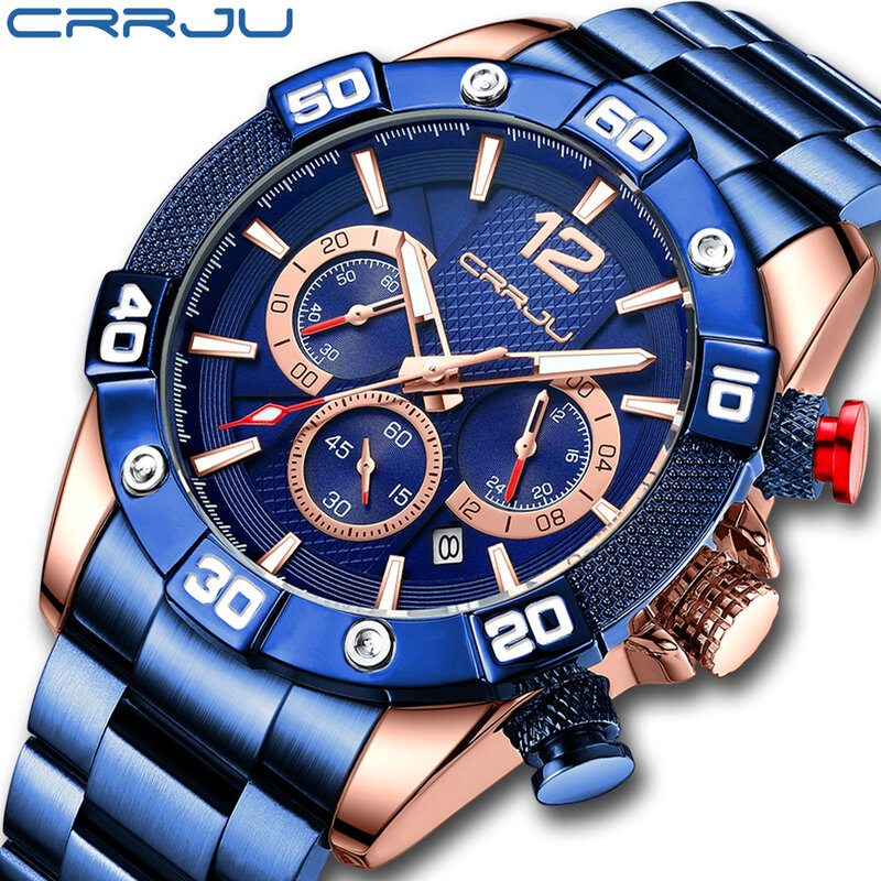 Crrju relógios masculinos casual cronógrafo banda de aço inoxidável relógio de quartzo com ponteiros luminosos relogio masculino