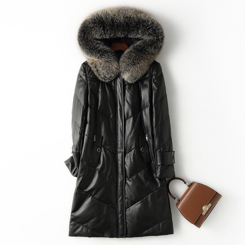 Genuine female elegant leather jacket with a fox fur collar, long jacket with a hood, warm winter, slim, black, mostly plus size