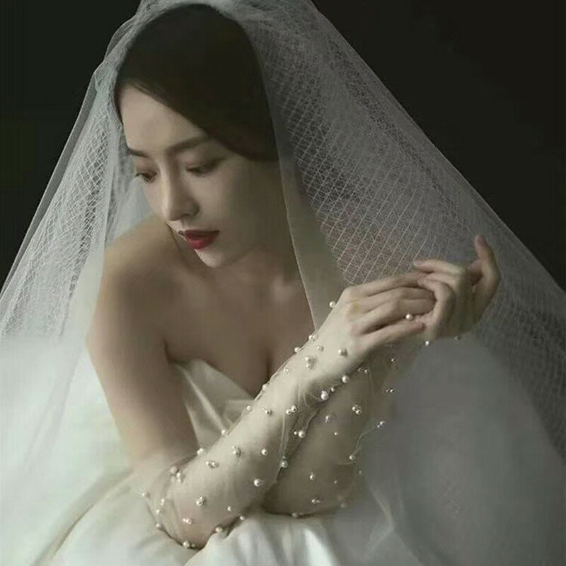 Guantes de novia largos de tul para mujer, con perlas sin dedos, con cuentas, regalos de fiesta de boda, muestra Real, blanco