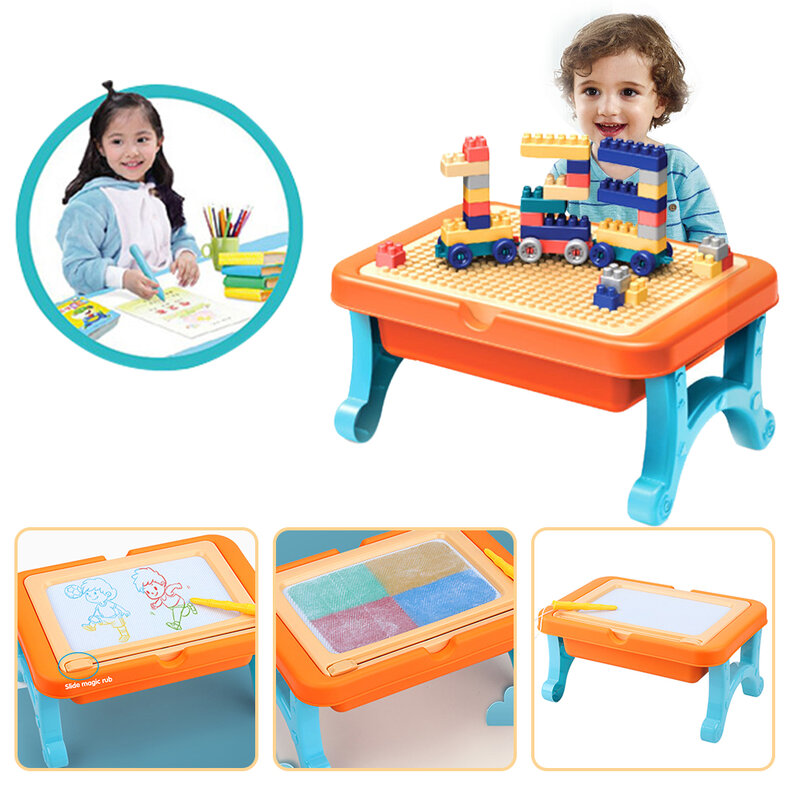 Two-In-One Magnetic Building Table + Color Drawing Board Writing Board Children'S Storage Table Drawing Board Building Table