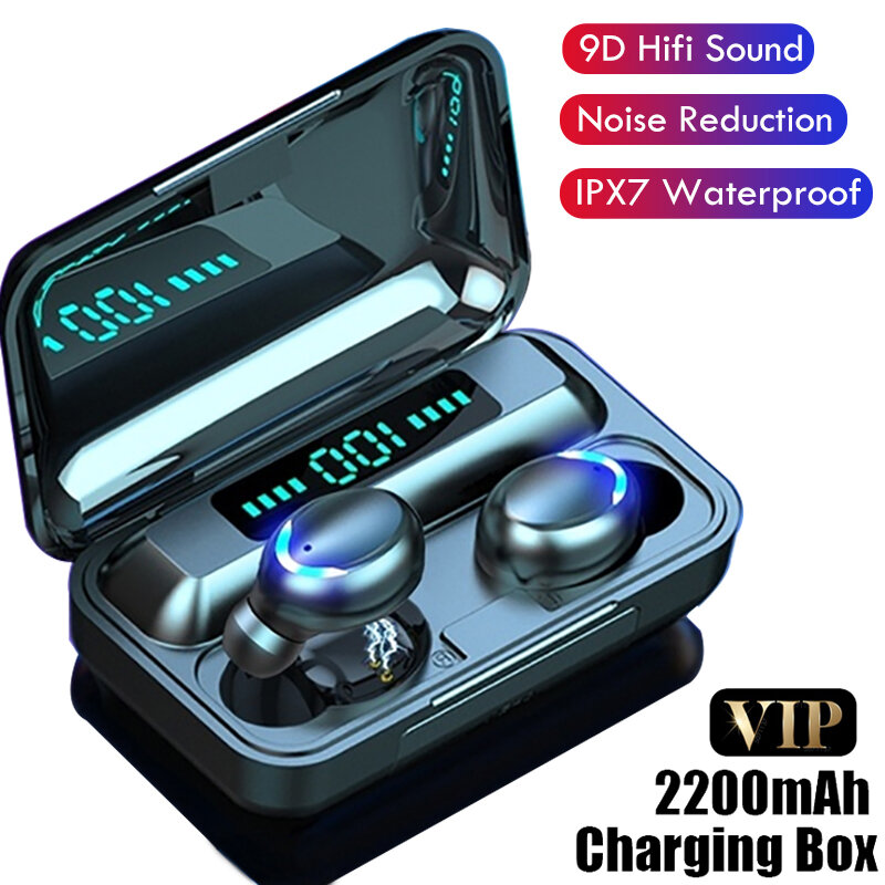 Auriculares inalámbricos TWS, por Bluetooth, auriculares estéreo 9D, Auriculares deportivos impermeables IPX7 con micrófono y caja de carga