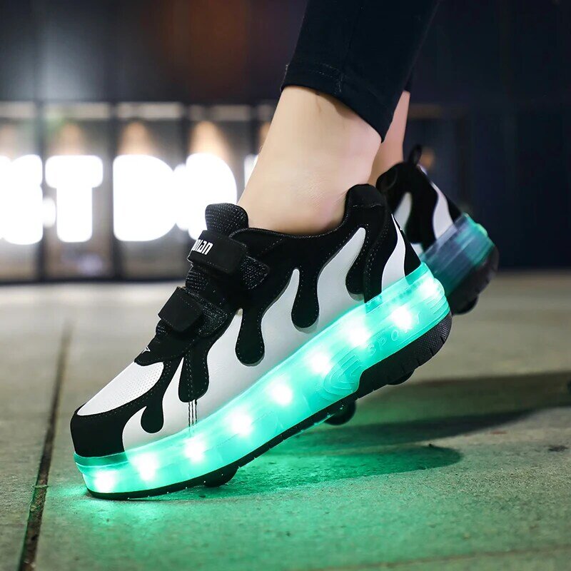 Zapatillas de deporte brillantes con ruedas, zapatos luminosos con carga USB, ruedas LED, ruedas dobles, talla 28 a 40, novedad de 2020