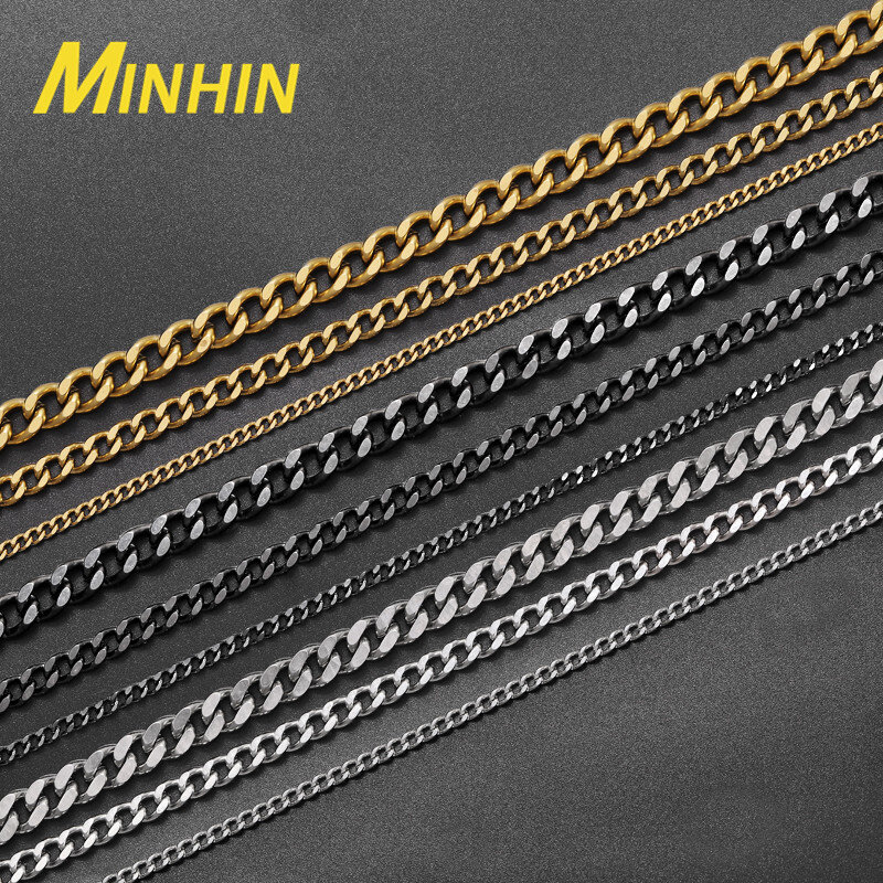Minhin Basic Rvs Ketting Voor Mannen Vrouwen Cubaanse Link Chain Chokers Vintage Goud Zwart Effen Metalen 40 50 60cm Kettingen