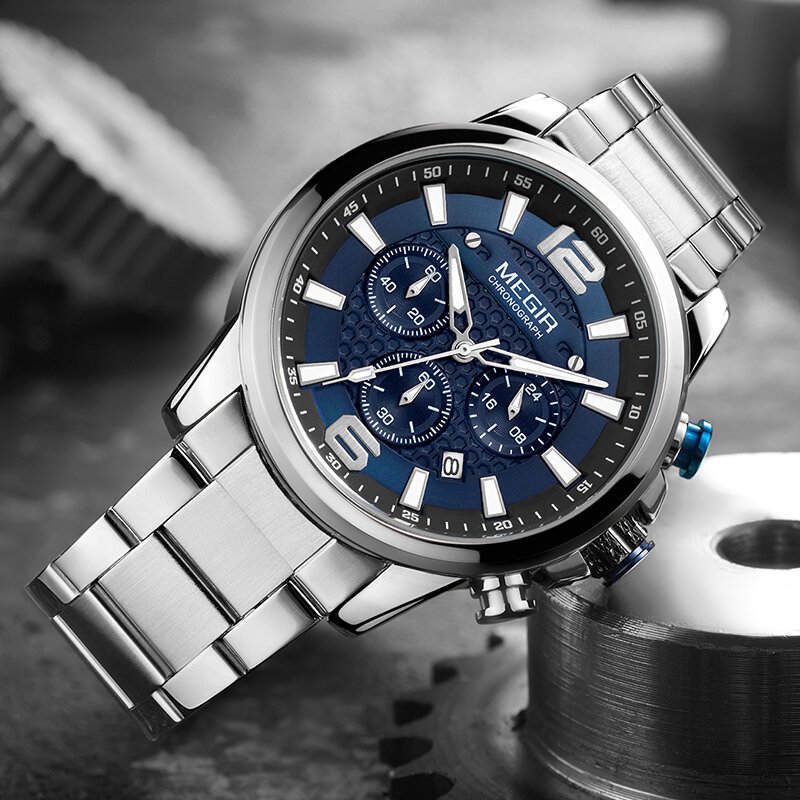 MEGIR luksusowa marka zegarek biznesowy pełna stal męska Sport zegarek kwarcowy na rękę mężczyźni Luminous wodoodporny chronograf zegarek wojskowy