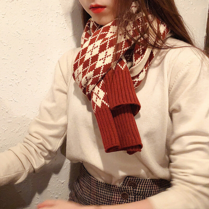 Sciarpa scozzese con diamanti lavorati a maglia Vintage per donna uomo inverno classico caldo foulard unisex addensare collo avvolgere sciarpe con motivo geometrico