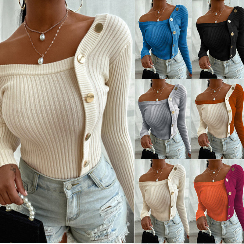 2021 Spring Casual Long Sleeve autumn Knitted Sweater Women Pullover Sweaters Winter Slim Irregular Solid Color Pull Knitwear