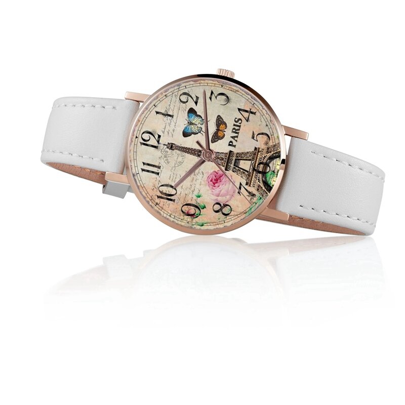 Relógio de pulso de quartzo das mulheres de couro casual moda torre francesa de ouro rosa