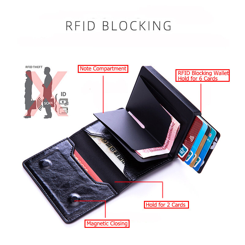 Zovyvol 2021 mężczyźni inteligentny przycisk Pop-Up posiadacz karty Rfid blokowanie aluminium portfel na karty moda Pu skórzane etui na dowód Carteira