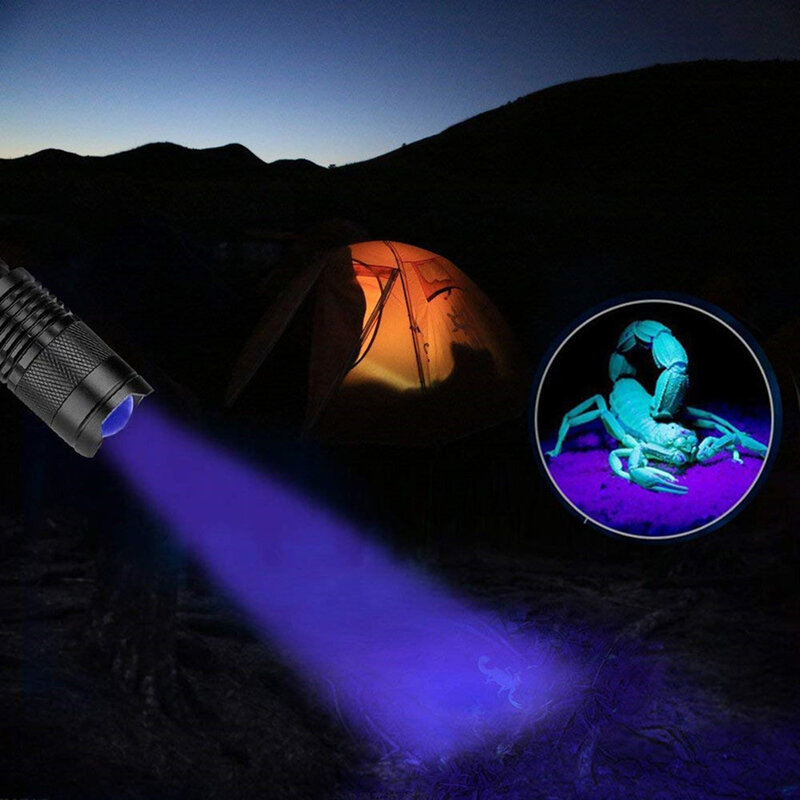 Linterna LED ultravioleta con función de Zoom para mascotas, miniluz UV negra, Detector de manchas de orina, escorpión y caza