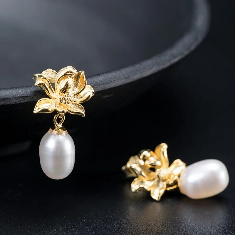 VLA 925 Silver Chinese Style Retro Lotus Earrings For Women's Simple Temperament Elegant Natural Pearl Earrings