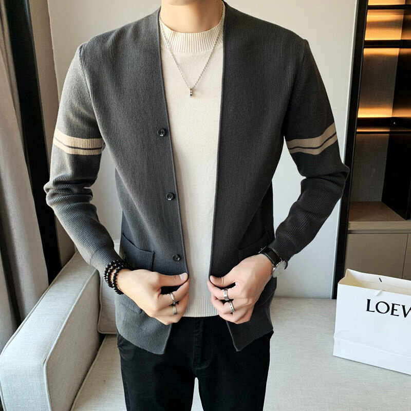 Men 2021 Spring Autumn Fashion Thin Sweater Coats Men Slim Fit V-Neck Cardigan Clothing Male Striped Casual Knitted Jackets O142