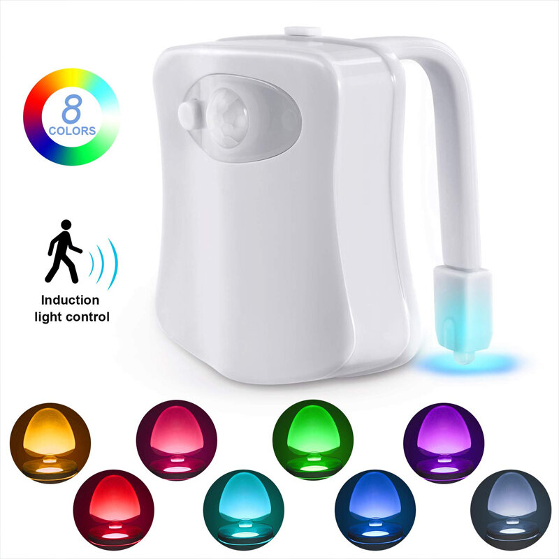 Luz noturna com sensor pir para assento do vaso sanitário, luz noturna com sensor de movimento inteligente, led de 8 cores, retroiluminação automática para banheiro
