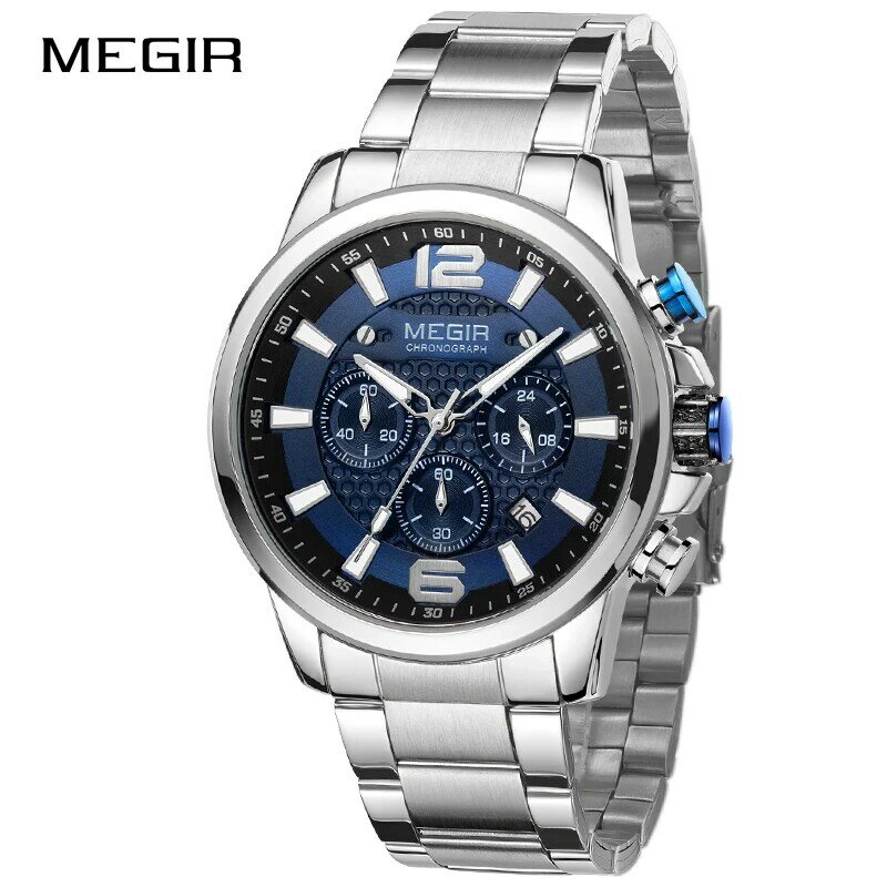 Megirl-남자 비즈니스 스테인레스 스틸 쿼츠 시계, 크로노그래프 아날로그 손목 시계 남자 방수 빛나는 시계