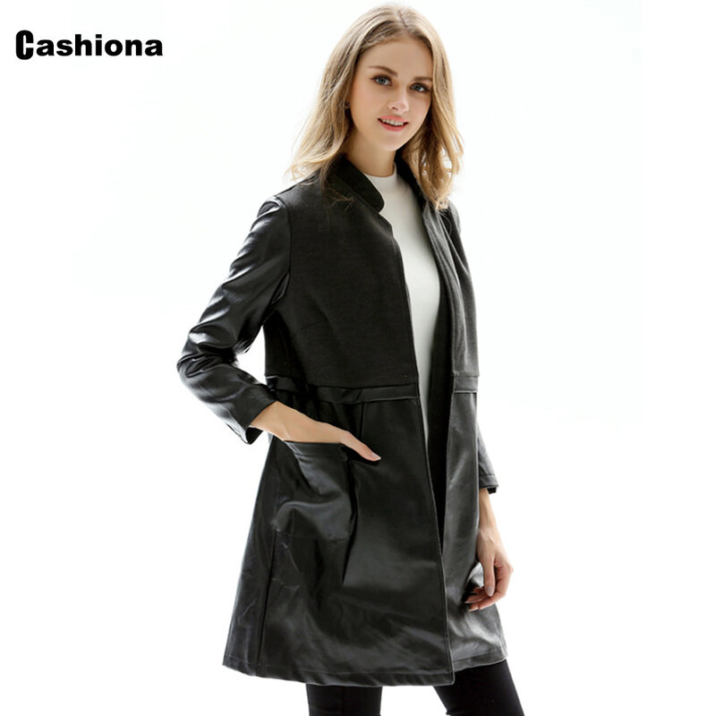 Cashiona-Chaqueta de cuero sintético para mujer, abrigo largo de bolsillo abierto prendas de punto para exterior, chaqueta de piel sintética negra, ropa para mujer 2021