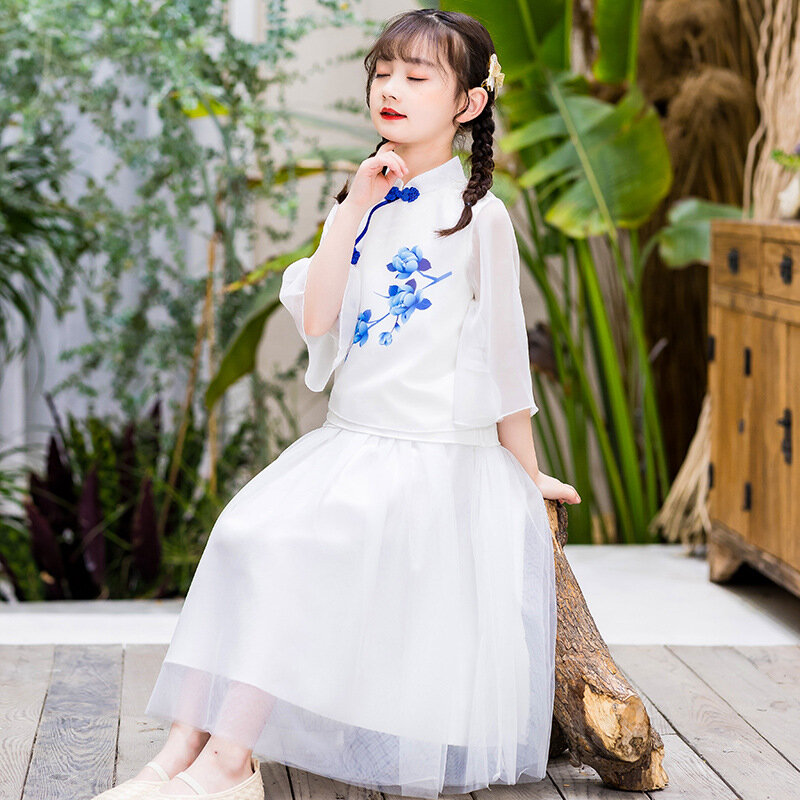 Girls Summer 2021 New Gauze Skirt, Little Girl Dress, Children's Tang Suit Performance Costume Hanfu Suit Skirt