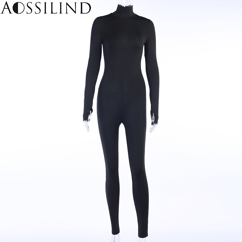 AOSSILIND-mono informal ajustado de cuello alto para mujer, ropa deportiva de manga larga con cremallera trasera, mono de entrenamiento, negro