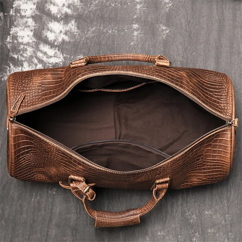 Nesitu-bolsa de viaje de piel auténtica para hombre, morral masculino de piel auténtica con patrón de cocodrilo, color marrón, Estilo Vintage, M186