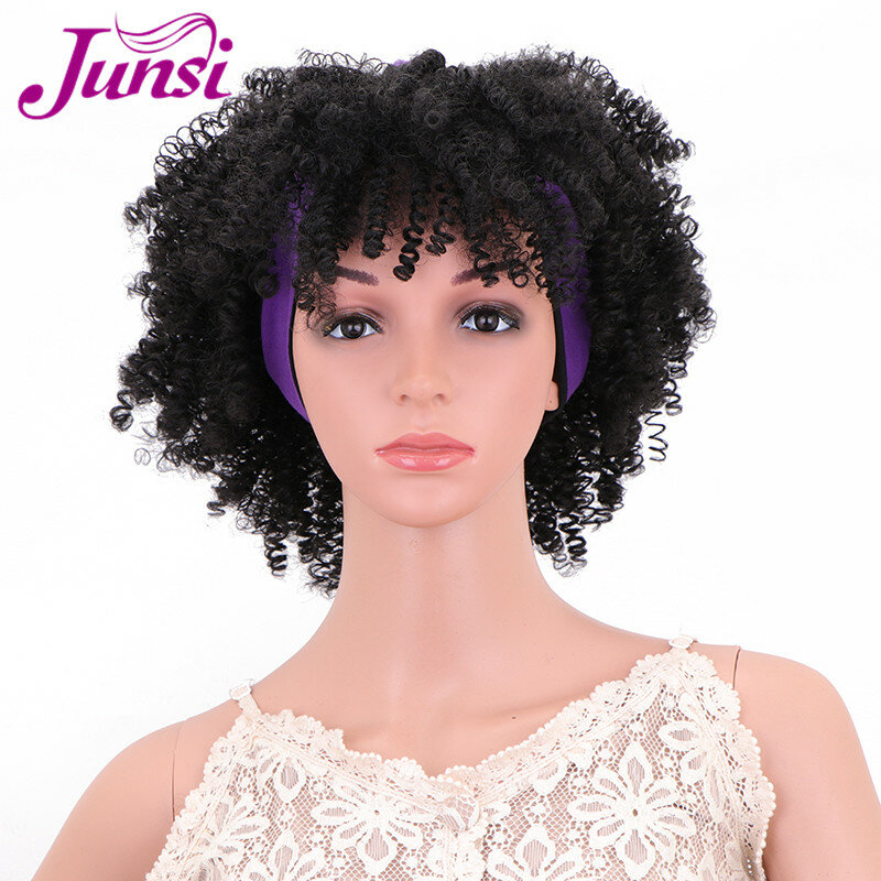 Junsi afro sopro turbante peruca sintética curto kinky encaracolado headwrap cordão wrap peruca cabeça envoltório para afro-americano