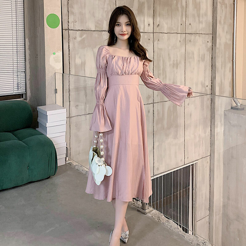 Hebe & eos 2021 outono elegante casual vestidos femininos manga longa alargamento sexy festa midi vestido de uma peça rosa coreano chique sundress
