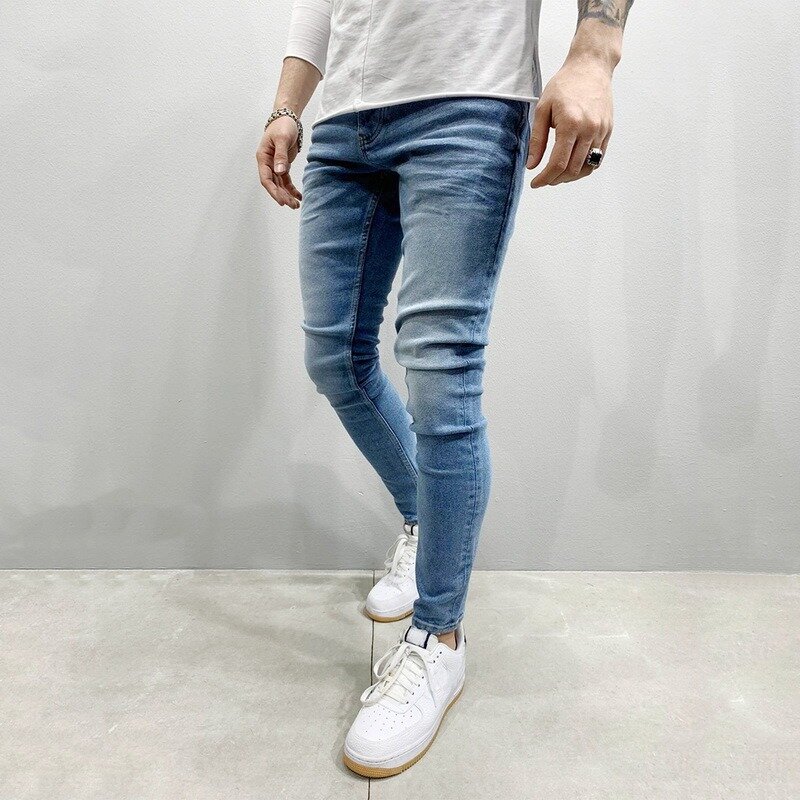 2021 streetwear calças de brim dos homens de cintura elástica calças de brim magros estiramento rasgado streetwear jeans dos homens denim azul