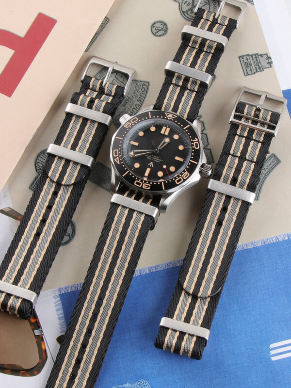 Canvas Striped Nylon Watchband Nato Strap 20mm for Omega007 Sea Master Nato "NO TIME TO DIE" Bracelet Pin BuckleTools
