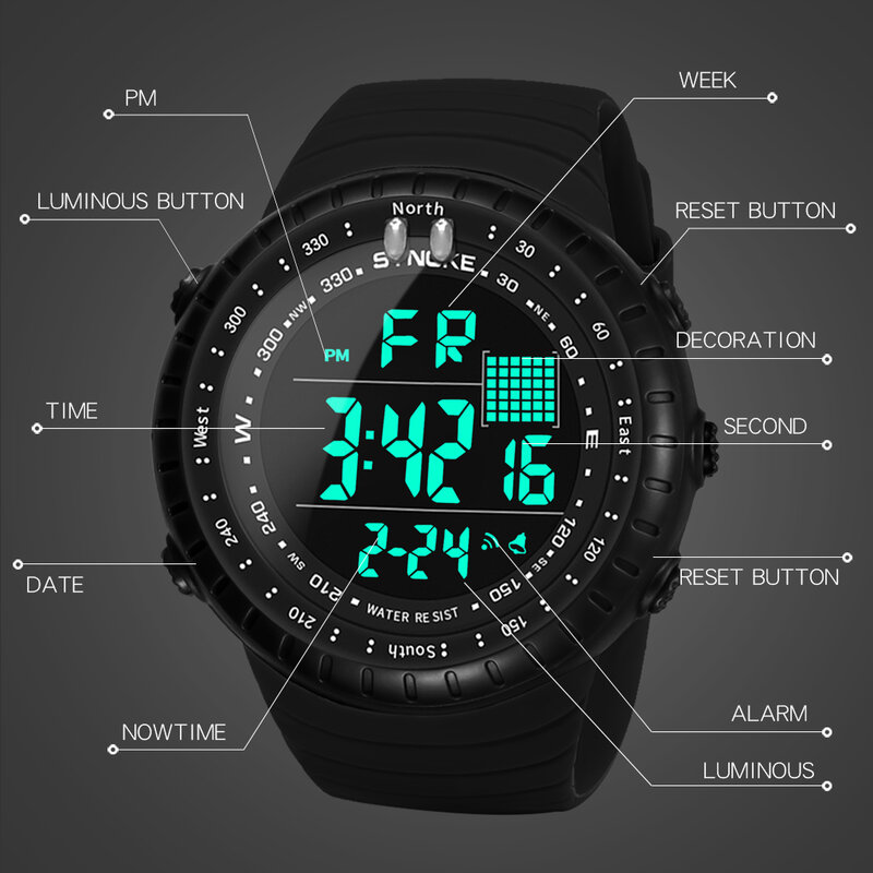SYNOKE jam tangan Digital LED pria, arloji Dial besar, jam tangan olahraga tahan air untuk pria
