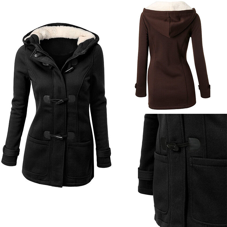 Grosso quente inverno casaco feminino plus size casual casacos com capuz para mulher clássico chifre botão feminino outerwear cor sólida