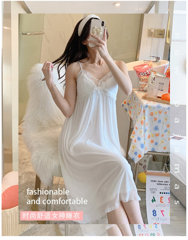 Пижама с подкладкой для груди женская летняя тонкая кружевная ночная рубашка на бретелях Женская Новая Сексуальная Домашняя одежда лето 2021