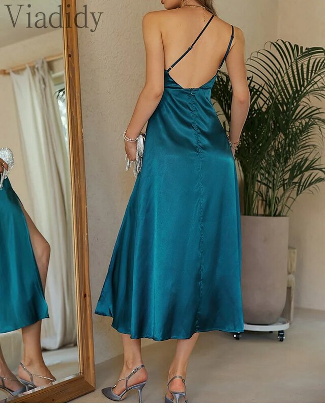 Women Sexy Solid Color Single Shoulder Front Cut Out Side Slit Open Back Satin Party Dress