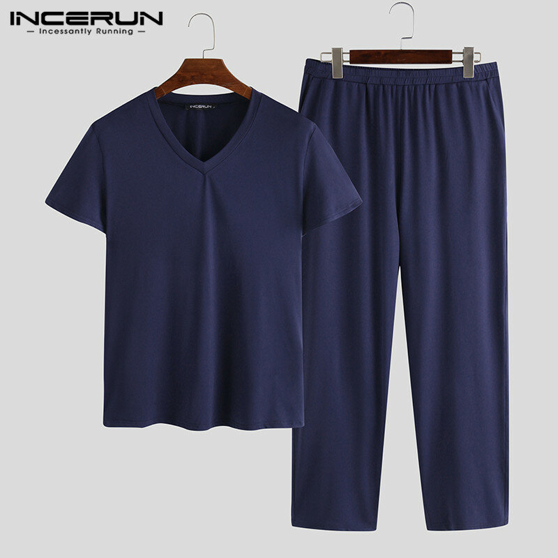 INCERUN – pyjama à manches longues pour homme, ensemble de vêtements de nuit en coton, couleur unie, nouvelle collection printemps 2021