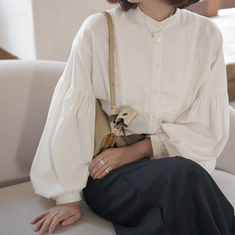 Blusa holgada informal de algodón con manga larga para otoño, camisa de cuello redondo para mujer, color blanco