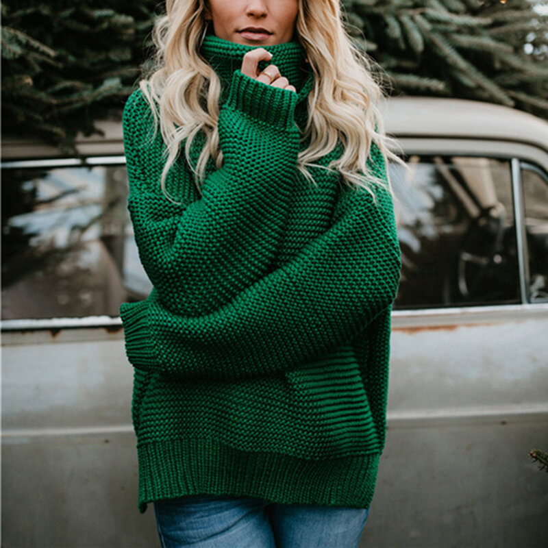 Осень-зима 2019, женский свитер с длинным рукавом и высоким воротом, женские топы, однотонный Свободный теплый вязаный пуловер, женская одежда