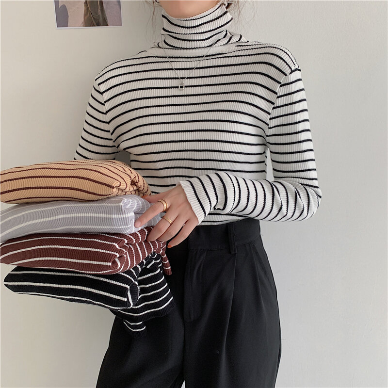 CMAZ-Camiseta de punto a rayas para mujer, jersey de cuello alto de manga larga coreano, suéter elegante para mujer 2021 #173