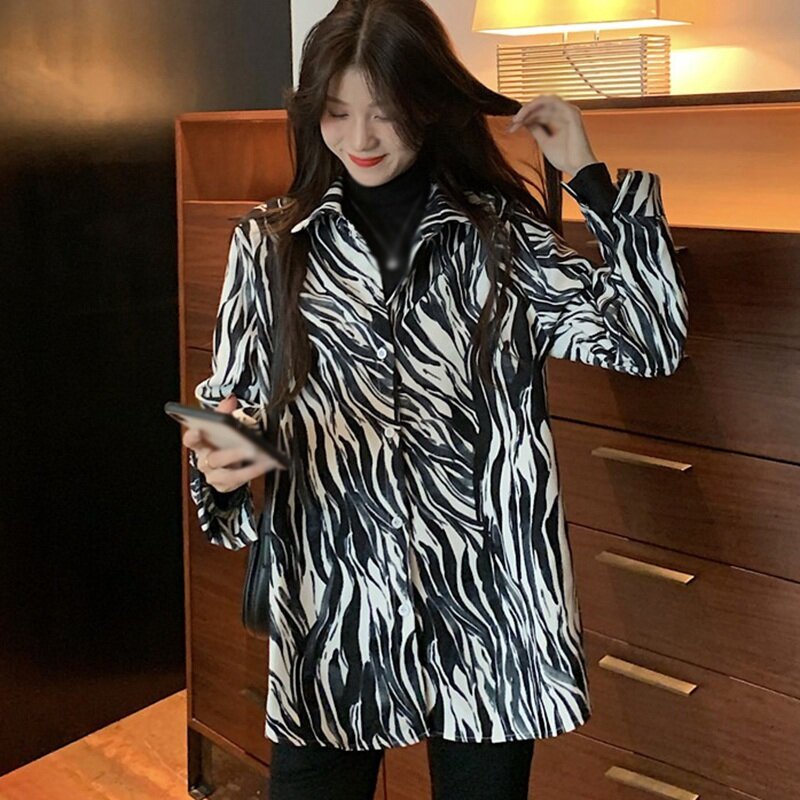 Camisa feminina estampa zebra, blusa feminina manga comprida solta