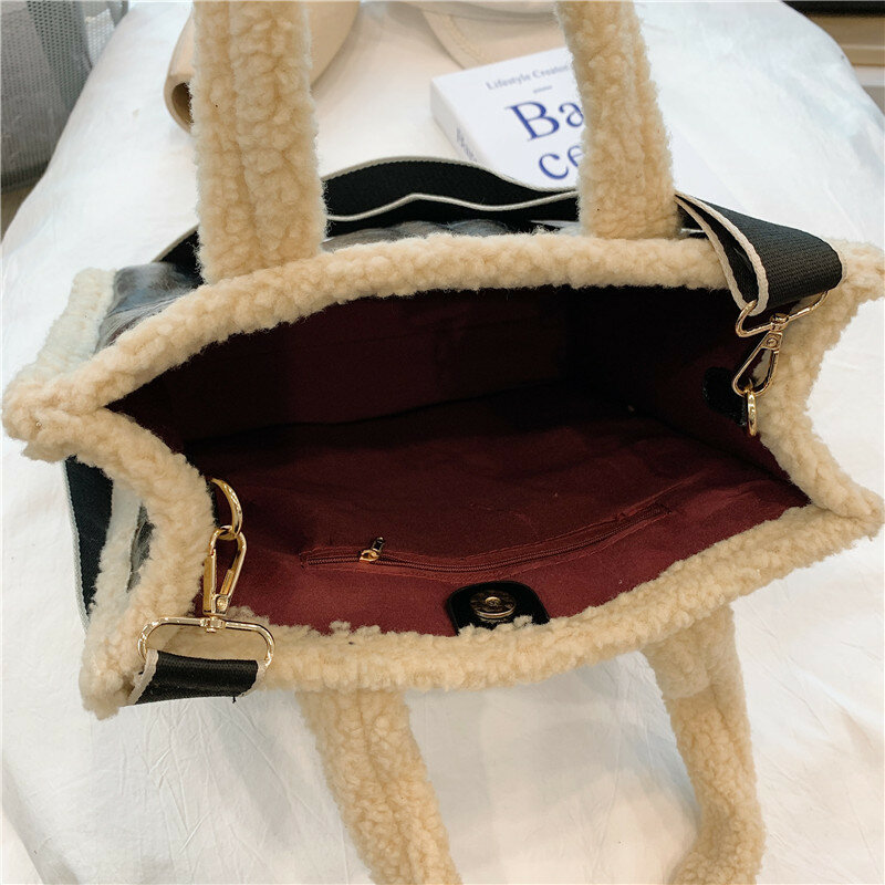 Bolso de mano de gran capacidad de lana de cordero para mujer, Cartera de diseñador, de lujo, de piel sintética, de retales, bandolera grande, 2021
