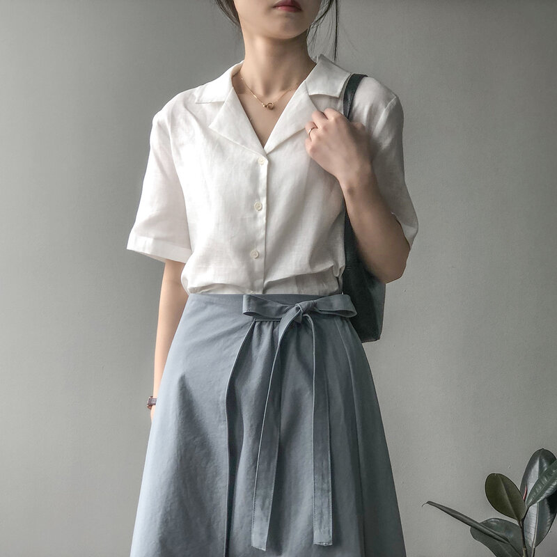 CMAZ-Camisa de manga corta de lino para mujer, camisa nueva con cuello de traje, holgada, edición han, para verano, 5910
