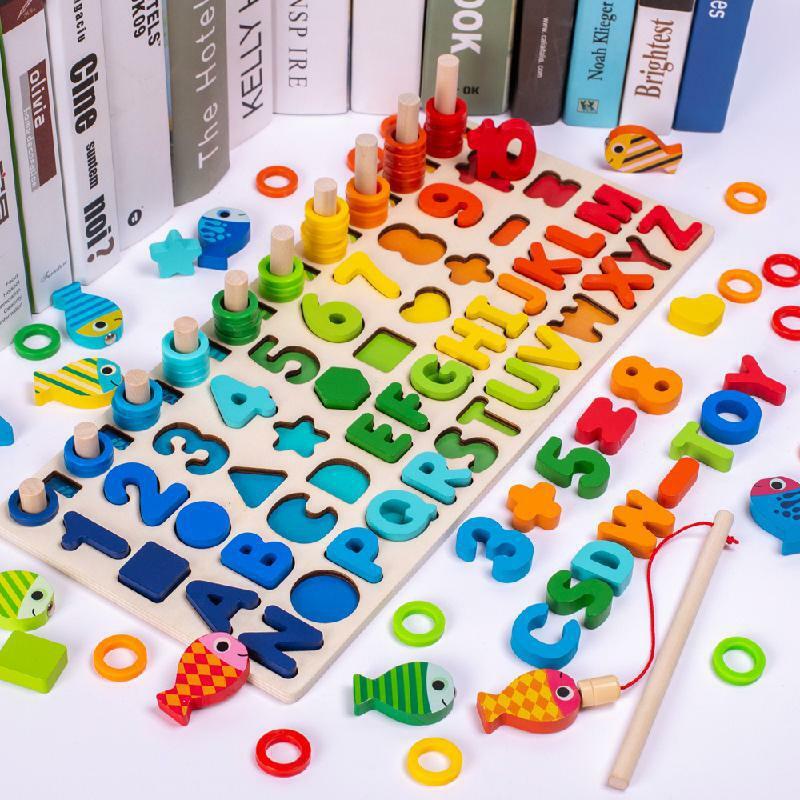 Popltse Educational Wooden fidget Toy Children Busy Board Math Fishing Children's Wooden Preschool Toy Counting Geometry