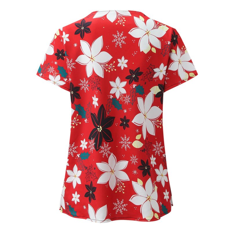 Kaus Tunik Thanksgiving Wanita Atasan V-neck Lengan Pendek Perawat Menyusui Baju Blus Natal Seragam Kerja Grosir L * 5