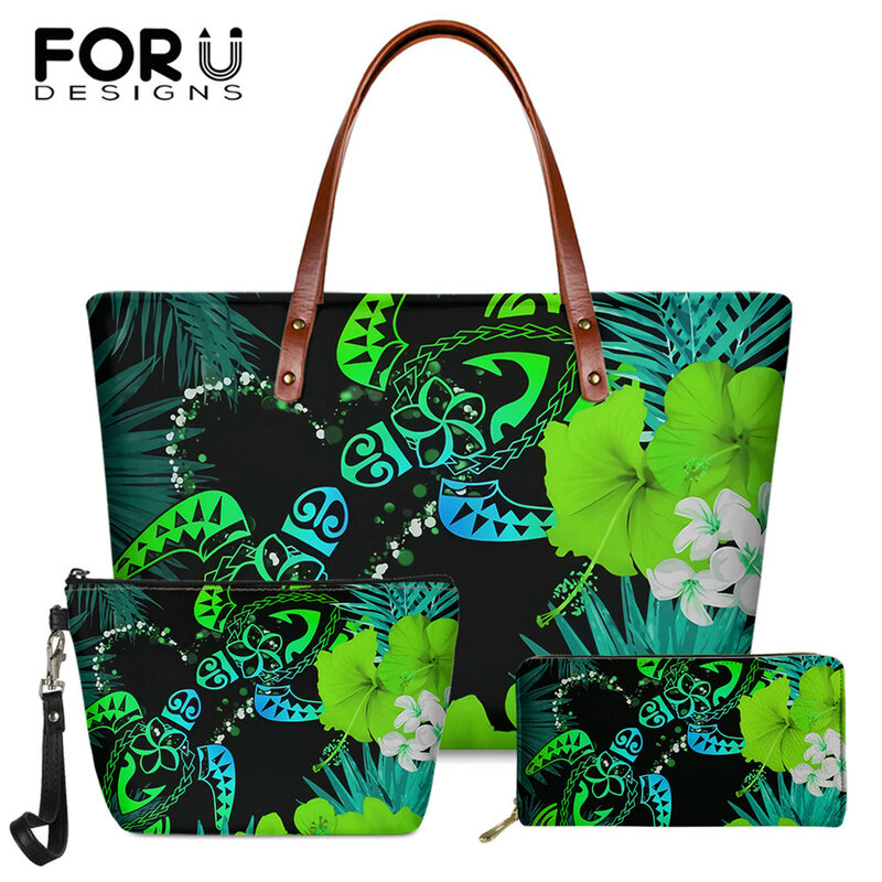 Forudesignsホット販売ショルダーバッグ女性ハワイカップルカメハイビスカス熱帯デザインレディースソフトハンドバッグとpu財布2セット