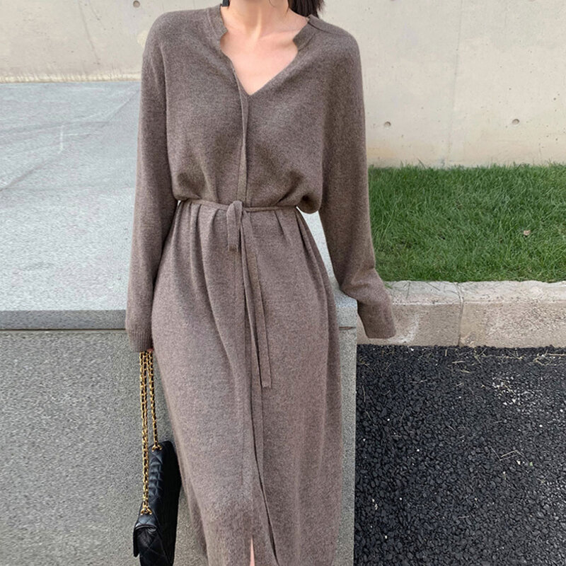 Fashion Women's Clothing Solid Color Long Sleeve V-neck Casual Knitted Dress Autumn Winter Knitwear Sweater Long Dress Vestidos