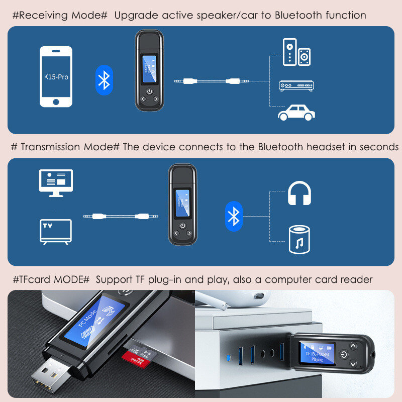 2021NEW Bluetooth 5.0 Penerima Pemancar Audio USB Monitor LCD Baterai Bawaan 3,5 Mm Adaptor Nirkabel Stereo RCA AUX TV PC Mobil