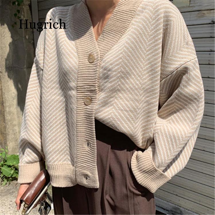 2021 damska dzianina zima wiosna paski swetry rozpinane przyciski Oversize koreański styl Lady topy