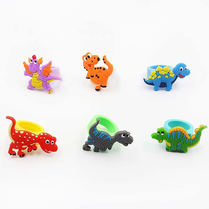 Anneau de dinosaure en caoutchouc pour enfants, anneau en forme de dinosaure, jouet doux, joyeux anniversaire, Jungle tropicale, fournitures de fête, 6 pièces