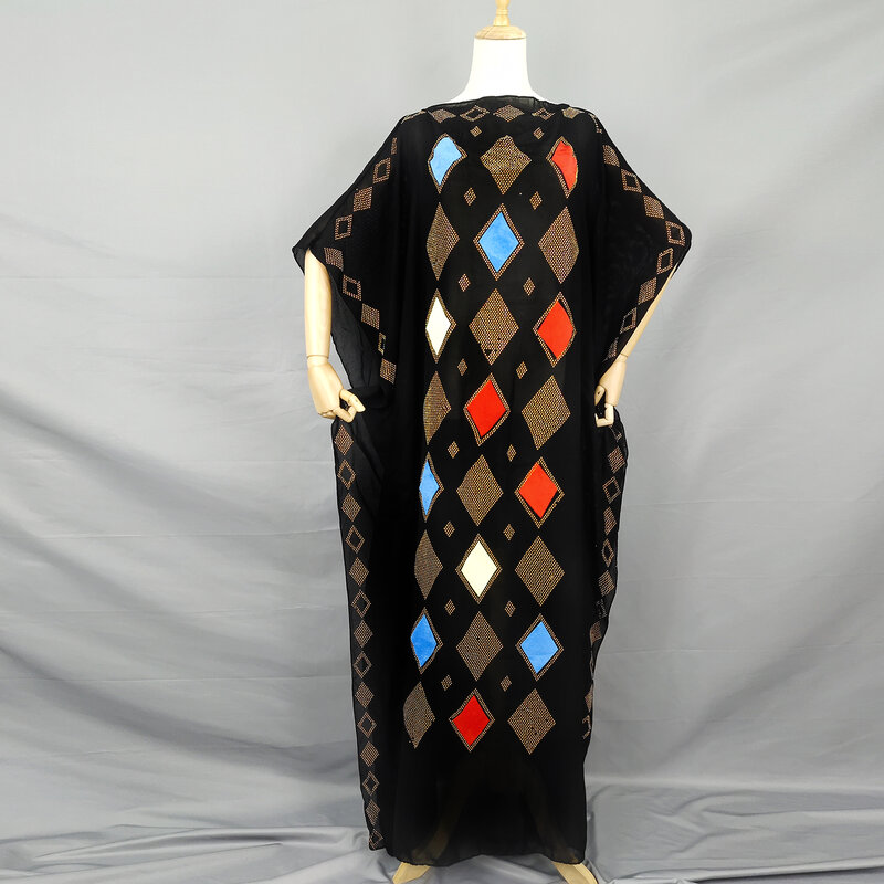 Robe africaine longue en velours coloré pour femmes, Kaftan Abaya, vêtements islamiques, mode diamant, Turban en coton, LD514