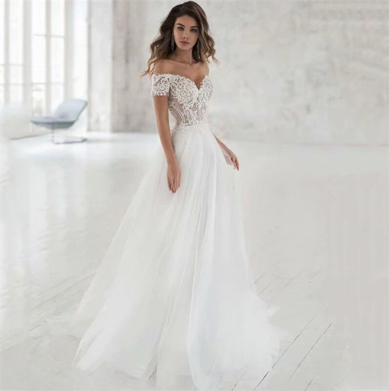 Vestido de casamento elegante, vestido de noiva com aplique nas costas abertas, manga curta de tule