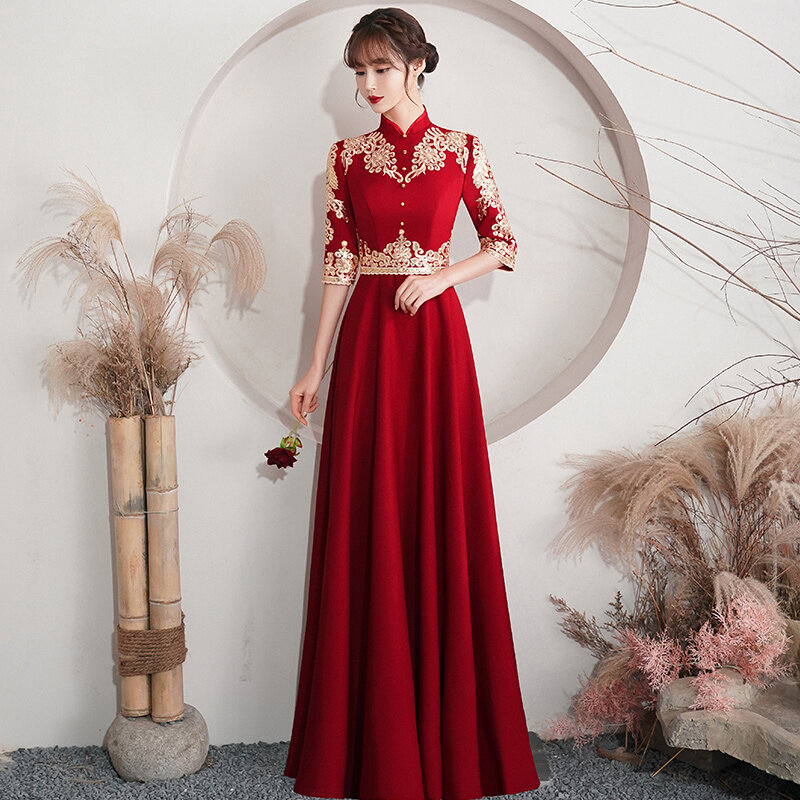 Китайский винно-красный длинный Чонсам в стиле ретро для свадьбы/помолвки (с вышивкой) со стоячим воротником-средними рукавами
