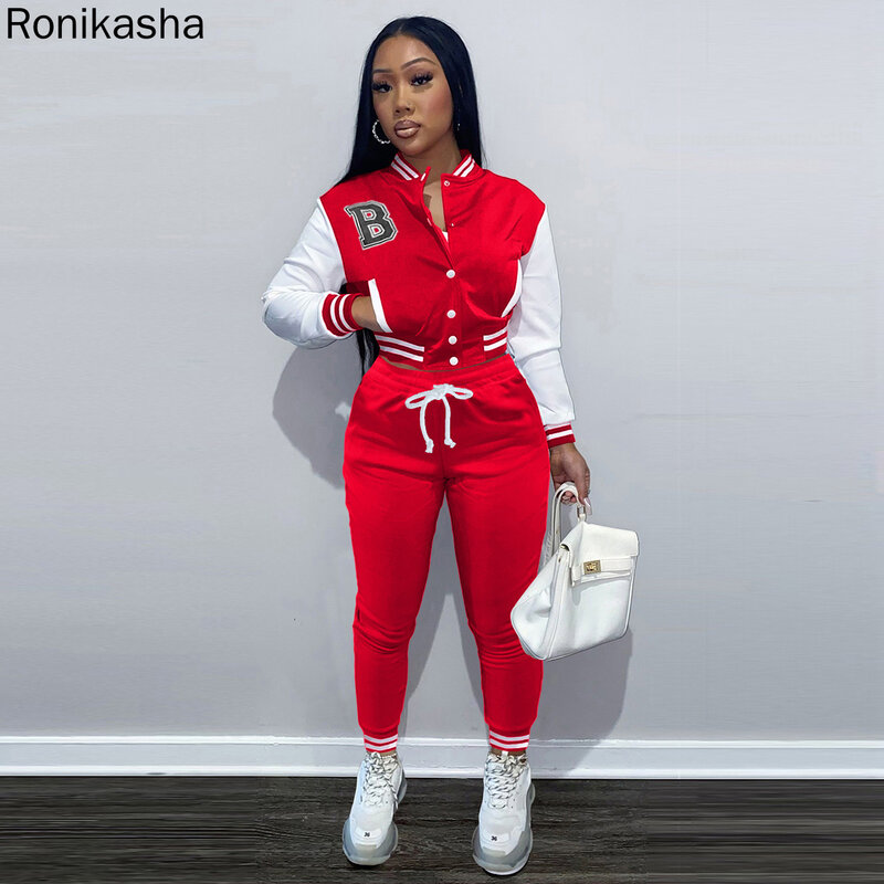 Ronikasha Women Autumn Two Piece Set Casual Solid Letter Printing Top+Street Long Pants Outdoor Fashion Sports Suits